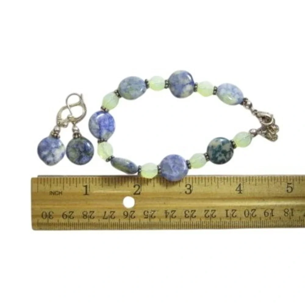 Blue Green Sodalite Gemstone, Opal Glass‎ Crystals Ankle Bracelet Earrings Set